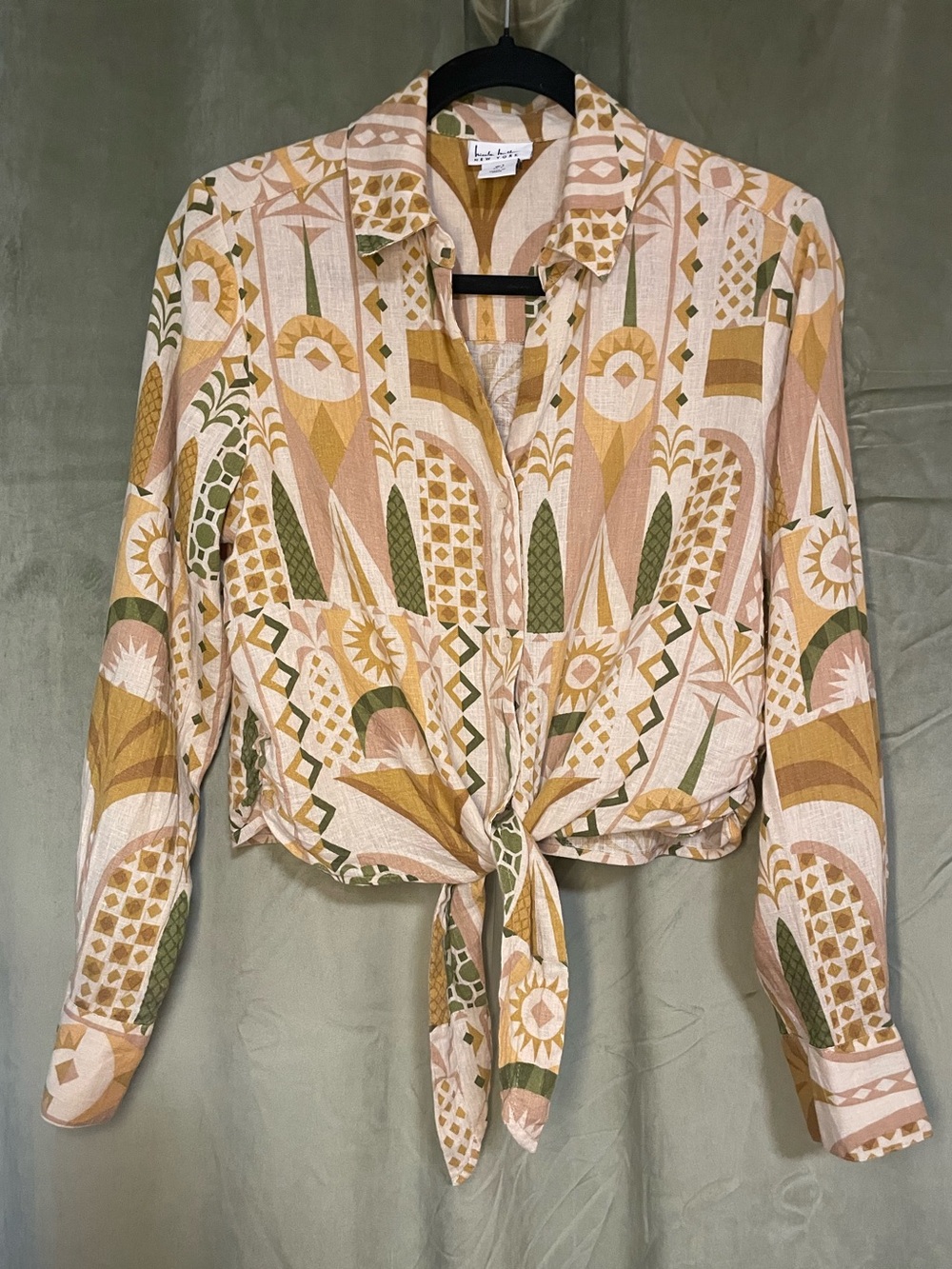 Nicole Miller Geometric Tie-Front Button-Down Shirt in Mustard, Pink & Olive